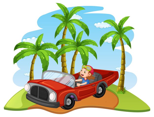 Free vector road trip concept with kids driving classic convertible car