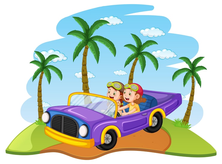 Free Vector road trip concept with kids driving classic convertible car