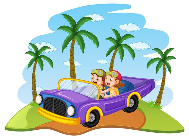 클래식 컨버터블 자동차를 운전하는 아이들과 함께하는 도로 여행 개념