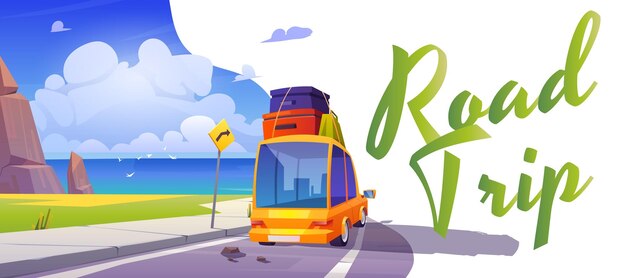 바다 해변으로 가는 도로에 차가 있는 도로 여행 포스터 여행 여름 휴가의 벡터 배너와 산 고속도로와 수하물이 있는 자동차가 있는 바다 해안 풍경의 만화 삽화와 함께 여행