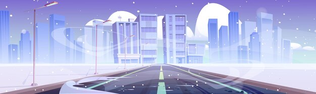 Дорога в зимний город, пустое шоссе с уличными фонарями, метель и сугробы. Горизонт современных городских зданий в зимнее время. Городская сцена со снегом и холодным ветром, векторная иллюстрация мультфильмов