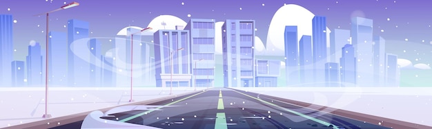 Road to winter city, empty highway with street lamps, blizzard and snowdrifts. Modern town buildings skyline at wintertime season. Urban scene with snow and cold wind, Cartoon vector illustration