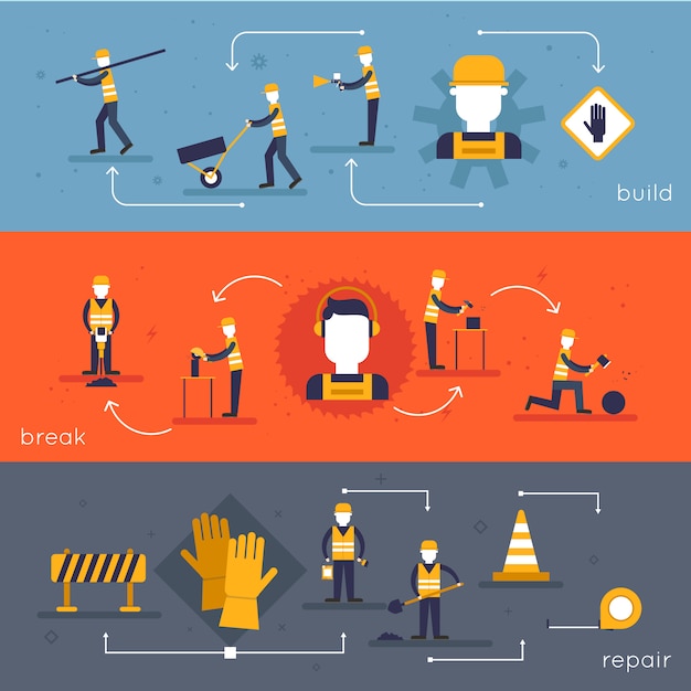 Free vector road worker flat banner set with characters, break repair build isolated vector illustration