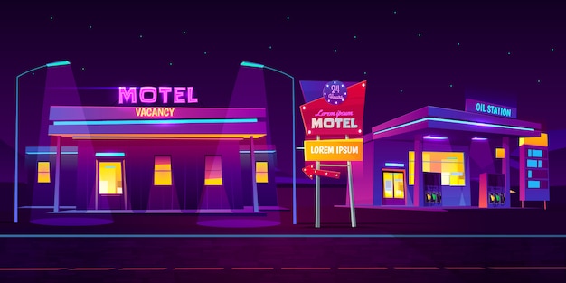 Vettore gratuito motel lungo la strada con parcheggio auto e stazione di servizio incandescente di notte con sfondo luminoso neon illuminazione