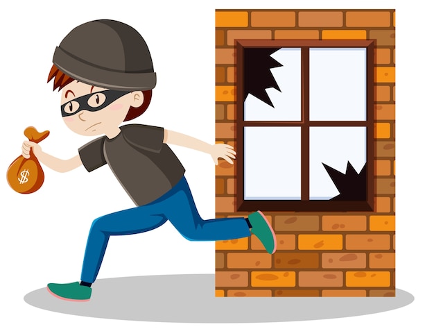 Free vector robber or thief broke the window glass and holding small money bag cartoon isolated