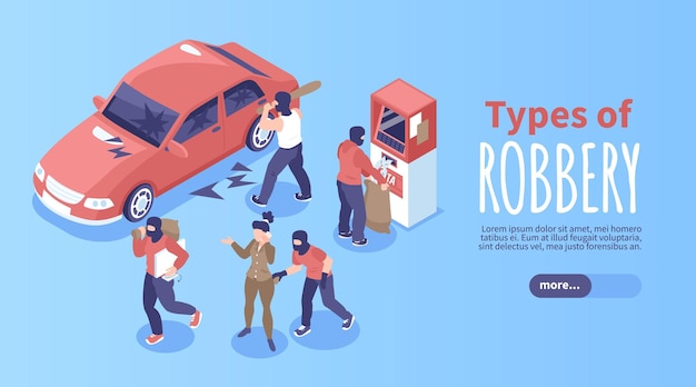 Free vector robbery horizontal banner with pickpocket and car inbreak isometric vector illustration