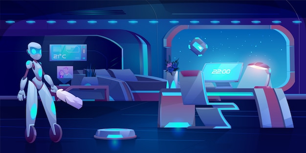 Robot assistant, automatic vacuum and window cleaner in futuristic bedroom with neon glowing furniture at night.