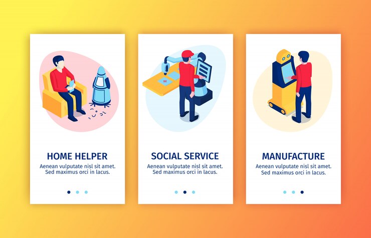 Free Vector robot automation vertical landing page collection with images of robotic assistants and human characters