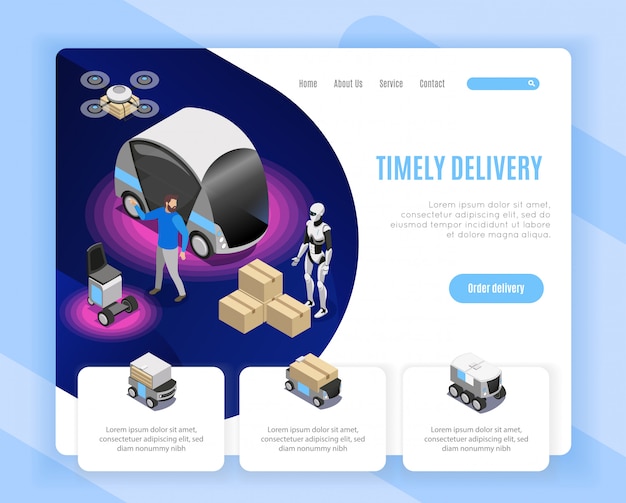 Robot delivery service order options isometric web page design with drone landing humanoid loading goods  illustration