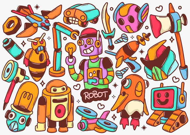 Vettore gratuito raccolta di vettore di colore disegnato a mano di doodle del robot