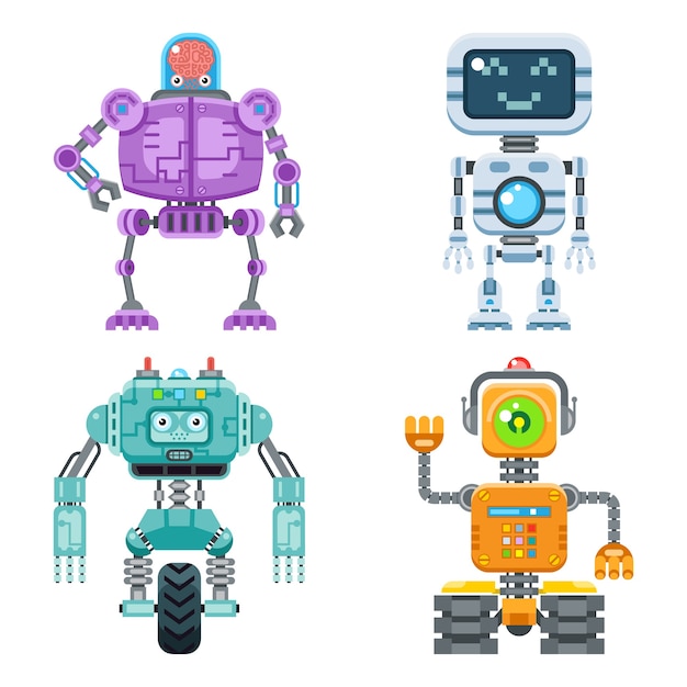 Robot flat icons  set. Machine technology ai, intelligence artificial cyborg, science robotic 