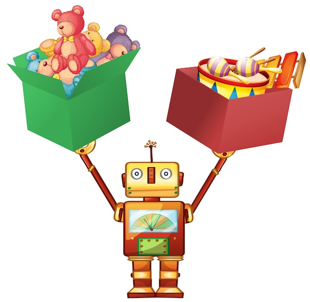 Free vector robot lifting boxes with teddy bears and instruments