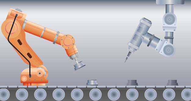 Robot manipulator arm realistic composition with view of robotic arms on moving assembly line with goods vector illustration