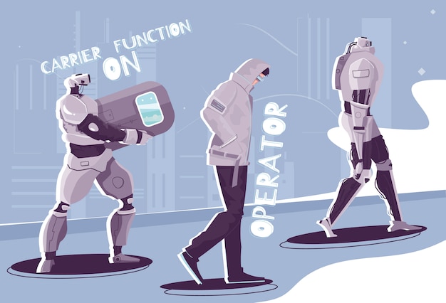 Бесплатное векторное изображение Плоская композиция роботов-людей с персонажами ходячих андроидов с редактируемыми текстовыми подписями