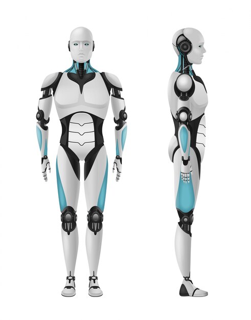 Robot realistic 3d composition with set of front and side views of masculine droid