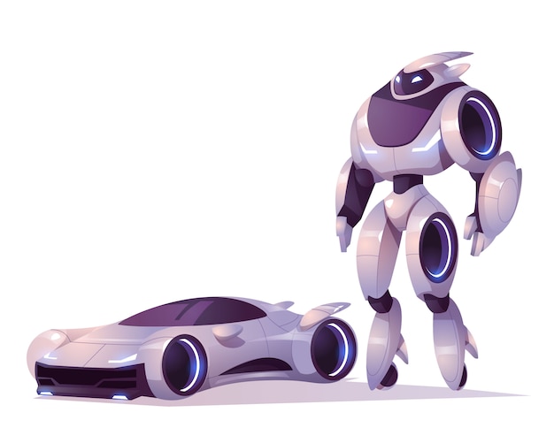 무료 벡터 안 드 로이드 및 고립 된 자동차의 형태로 로봇 변압기. 미래의 사이보그, 기계 군인, 사이보그 캐릭터의 벡터 만화 일러스트 레이션