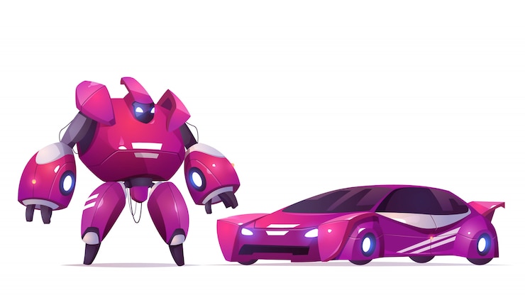 무료 Vector 로봇 변압기 및 스포츠카, 로봇 공학 및 인공 지능 기술 사이보그, 군사 전투 외골격 캐릭터, 전투 외계인 진화 된 전사 아이 장난감, 만화 벡터 일러스트 레이션