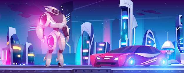 Robot transformers in form of android and car in futuristic city. Vector cartoon illustration of metal robotic hero transforming to red vehicle and cyborg on background of fantastic cityscape