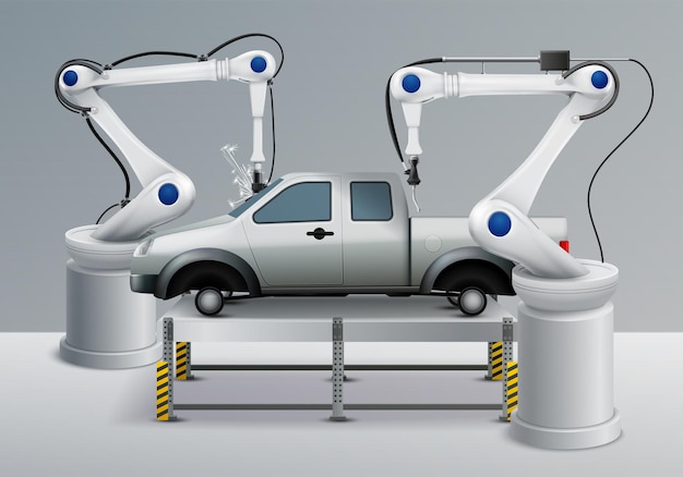 無料ベクター 自動車製造要素とロボットアームのリアルなイラスト