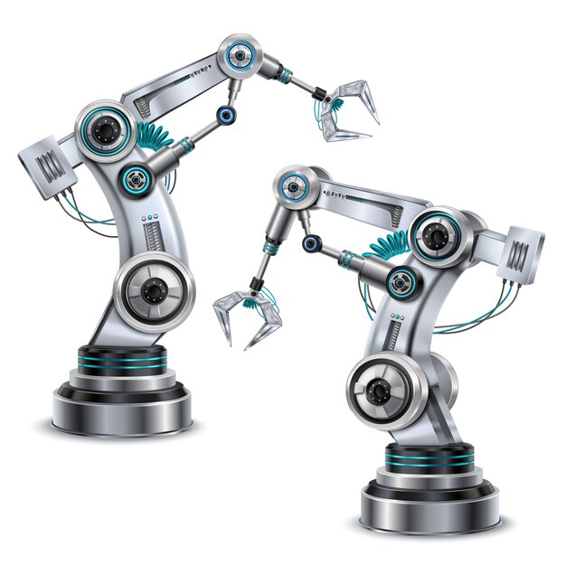 Robotic arm realistic set with modern technology symbols isolated