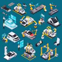 Free vector robotic automation in electric vehicle production isometric set with conveyor belts assembly battery charge testing vector illustration