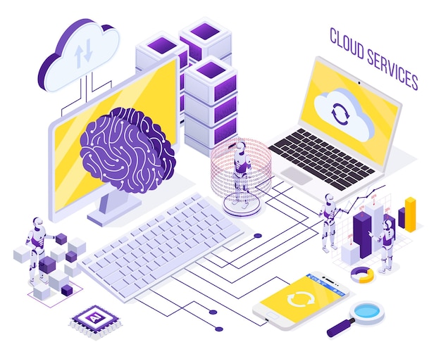 Robotic automation isometric concept with robots working with cloud services and data storage