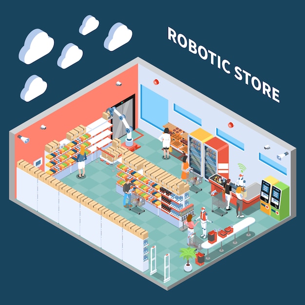 Robotic store isometric composition with interior of supermarket trading hall equipped with equipment of future