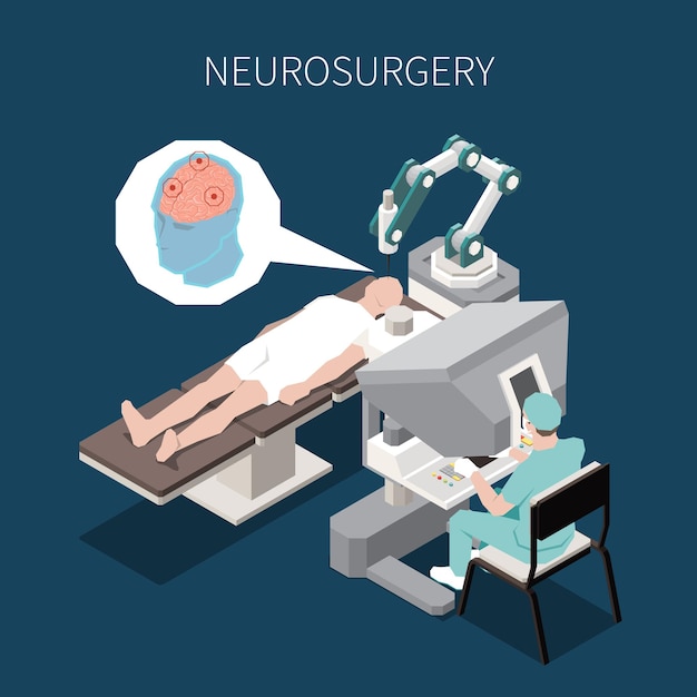 Robotic surgery isometric composition with neurosurgery operation symbols vector illustration