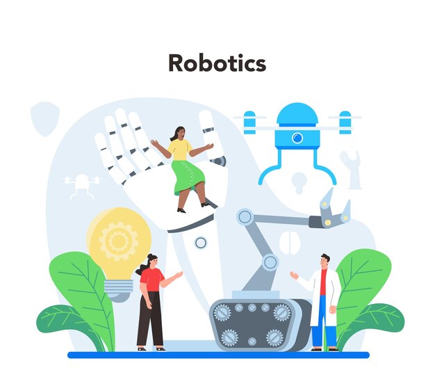 Roboticist concept Robotic engineering and constructing Idea of artificial intelligence in modeling industry Automation system production Flate vector illustration