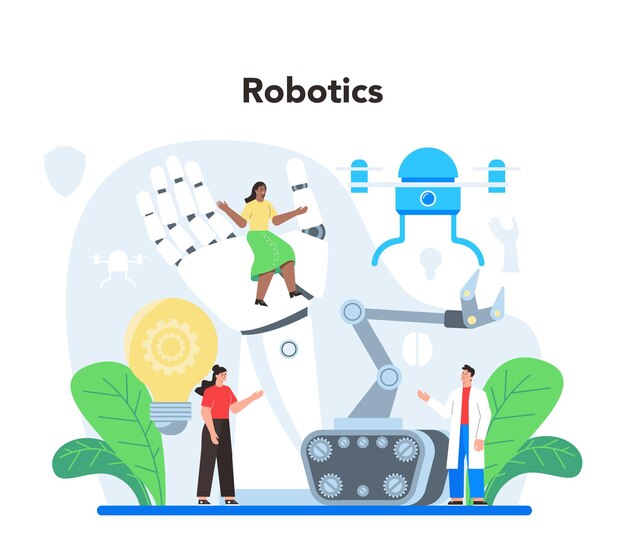 로봇 공학 개념 로봇 공학 및 모델링 산업 자동화 시스템 생산 평면 벡터 일러스트 레이 션에서 인공 지능의 건설 아이디어