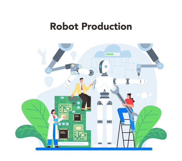 Roboticist concept Robotic engineering and constructing Idea of artificial intelligence in modeling industry Automation system production Flate vector illustration