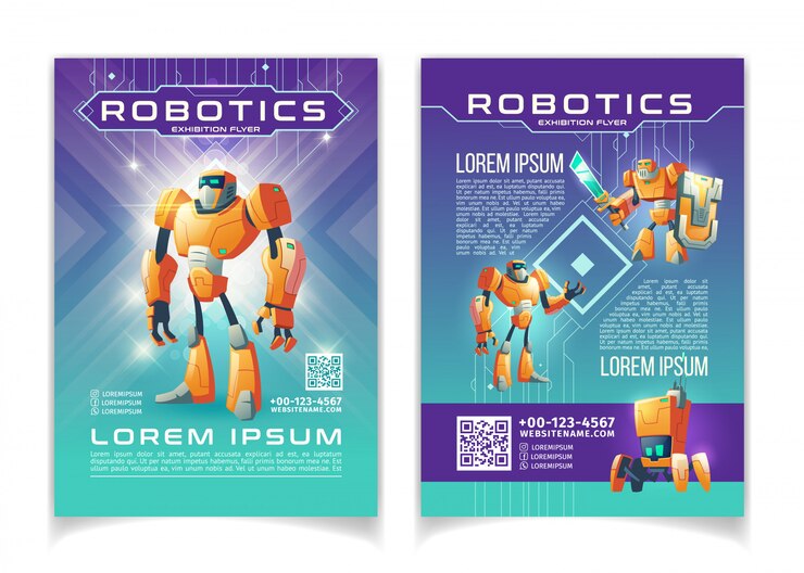 Free Vector robotics and artificial intelligence technologies exhibition advertising flyer cartoon pages template.