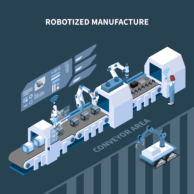 Роботизированная производственная изометрическая композиция с элементами интерфейса автоматизированного конвейерного робототехнического оборудования панели управления