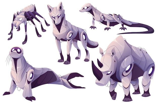 Free vector robots animals cyborgs spider wolf lizard seal and rhino cartoon characters futuristic technology cyber monsters robotics electronic machines personages digital objects isolated vector set