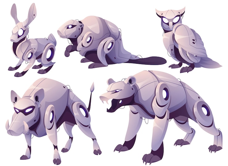Free Vector robots animals robotics mechanical monsters cyborgs pets hare beaver owl boar and bear cartoon artificial intelligence mechanical and electronic characters machine personages isolated vector set