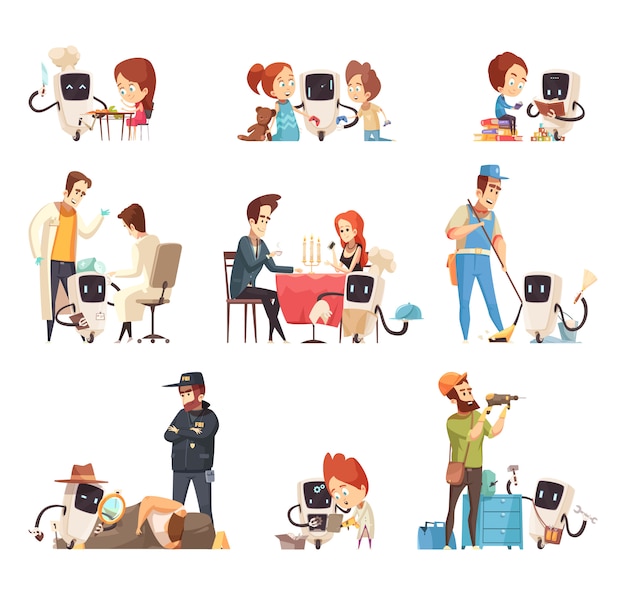 Robots assistants cartoon icons set