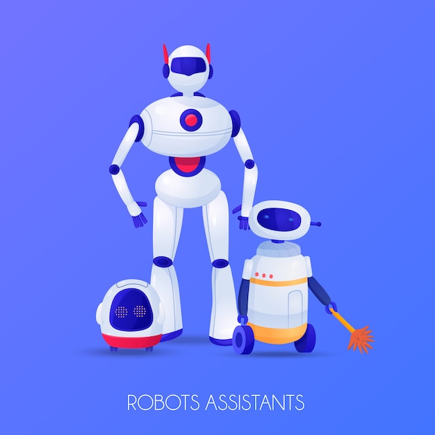 Robots assistants of various shape for different purposes illustration