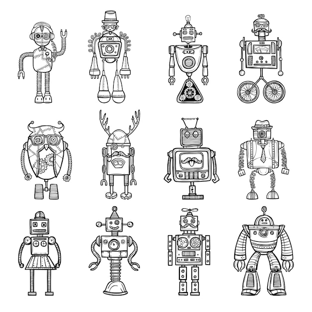 Vettore gratuito set di icone nero stile doodle robot