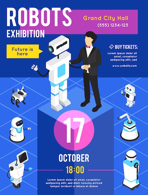 Free vector robots exhibition isometric advertising poster