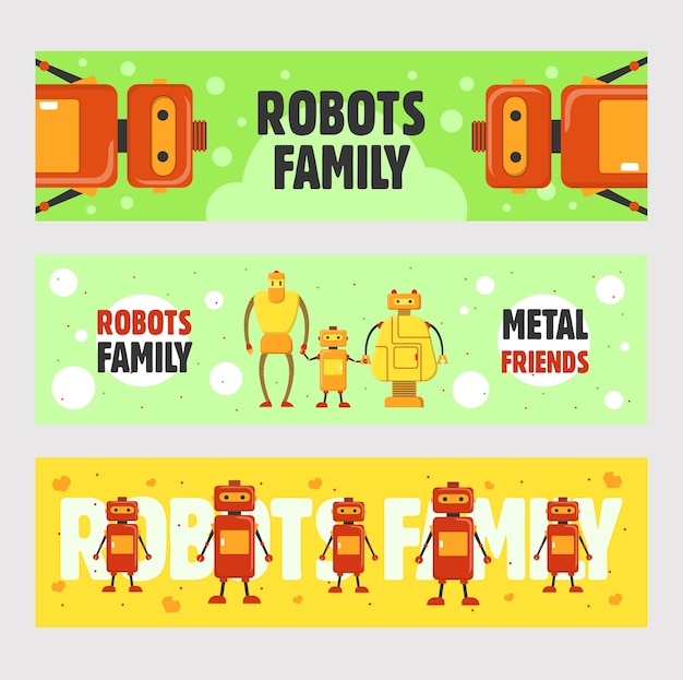 Набор баннеров семьи роботов. гуманоиды, киборги, электронные машины векторные иллюстрации с текстом на зеленом и желтом фоне. концепция робототехники для дизайна листовок и брошюр