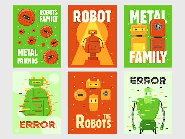 Robots flyers set. Humanoids, cyborgs, intelligent machines vector illustrations with text on green and red backgrounds. Robotics concept for posters and greeting cards design