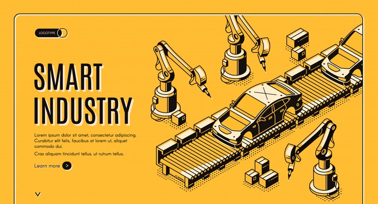 Free Vector robots hands assemble car on conveyor belt process banner
