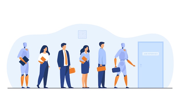 Free vector robots and human candidates waiting in line for job interview. businessmen and businesswomen competing with machines for hiring. vector illustration for employment, business, recruitment concept