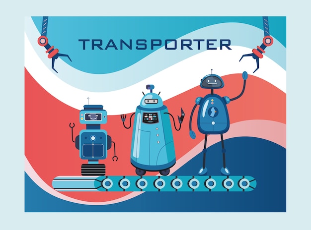 Robots transporter cover design. humanoids, cyborgs, intelligent machines on belt vector illustrations with text. robotics concept for website or webpage background