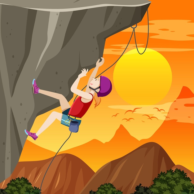 Rock climber on cliff at sunset time