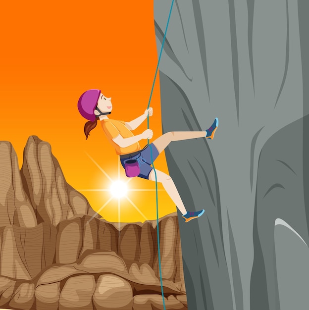 Vettore gratuito scalatore di roccia sulla scogliera all'ora del tramonto