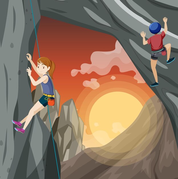 Free vector rock climber on cliff at sunset time