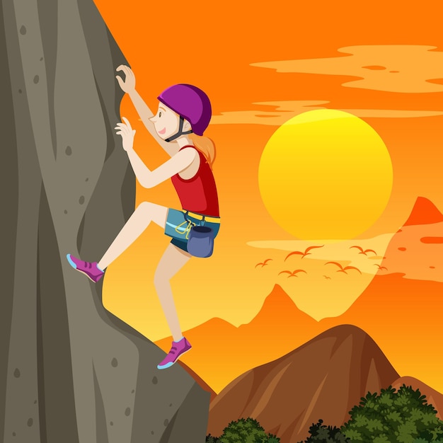 Rock climber on cliff at sunset time