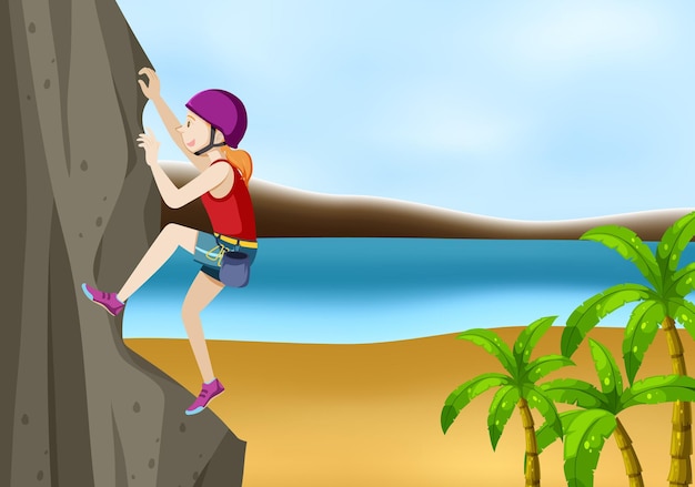 Free vector rock climbing scene with woman climbing by the sea