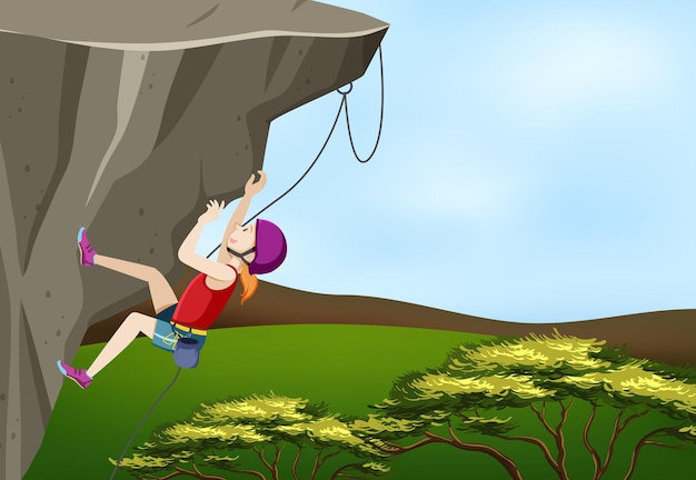 Free vector rock climbing scene with woman climbing rock